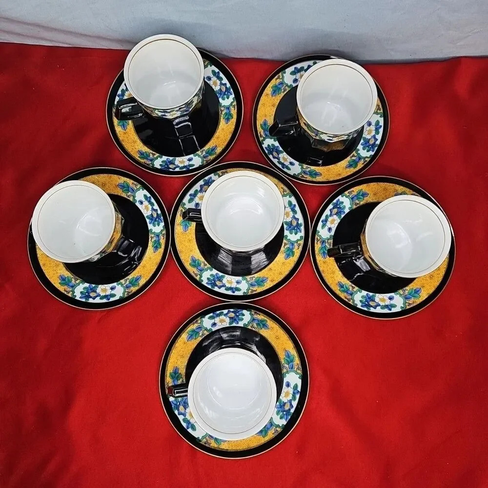 Black Coffee Cup & Saucer Tea Set Of 6 Yellow Blue Flowers